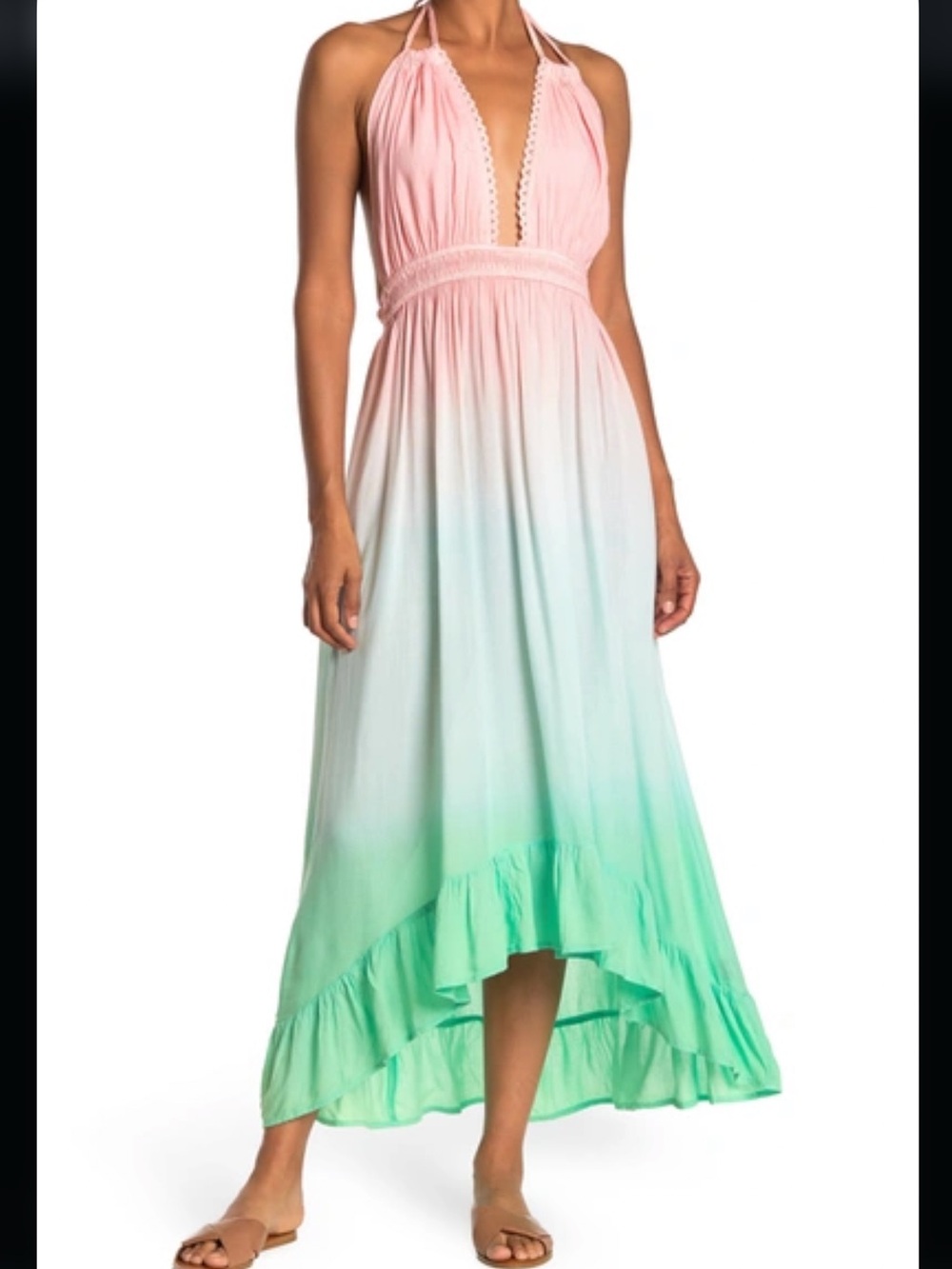 BOHO ME Size S Ombre Pink Mint High-Low Maxi Dress Open Back Plunge Neck Beach